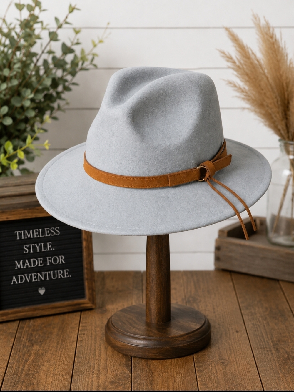 Boho Wide Brim Fedora Hat in Light Gray with Tan Faux Leather Band Cotton